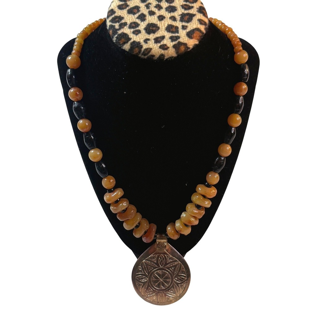 Vintage Medallion Necklace Amber Black Beaded Tribal Boho Pendant